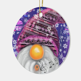 Gnome In Purple Hat Sings A Christmas Song Fun Ceramic Ornament
