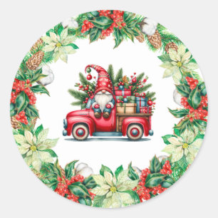 Gnome in Red Truck Filled With Gifts Classic Round Sticker