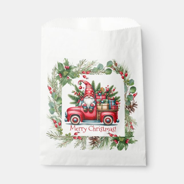 Gnome in Red Truck Filled With Gifts Favour Bag (Front)