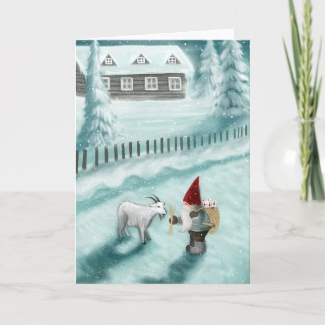 Gnome in Scandinavian landscape Holiday Card (Front)