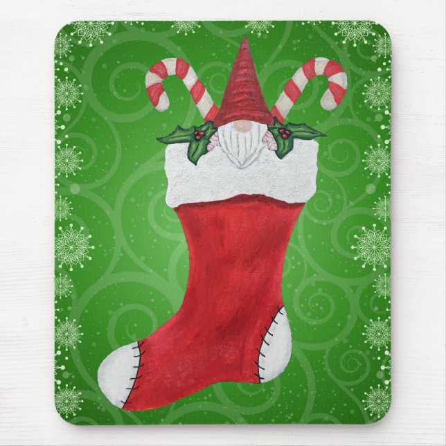 Gnome in Stocking Green Swirls Snowflakes Mouse Pad (Front)