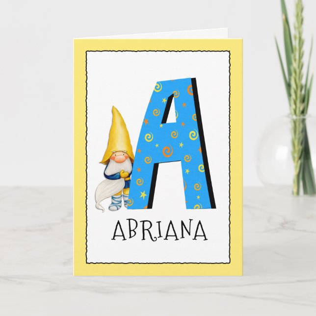 Gnome Kids Letter A Name and Age Birthday Greeting Card (Front)