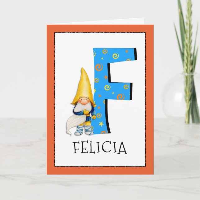 Gnome Kids Letter F Name and Age Birthday Greeting Card (Front)