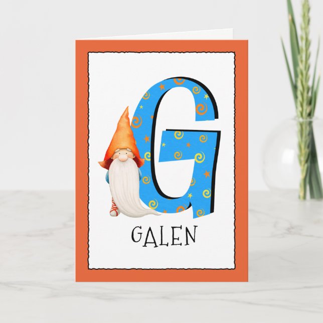 Gnome Kids Letter G Name and Age Birthday Greeting Card (Front)