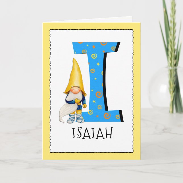 Gnome Kids Letter I Name and Age Birthday Greeting Card (Front)