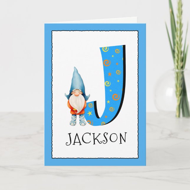 Gnome Kids Letter J Name and Age Birthday Greeting Card (Front)