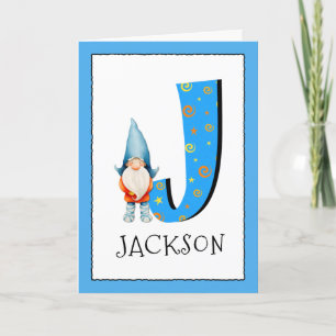 Gnome Kids Letter J Name and Age Birthday Greeting Card