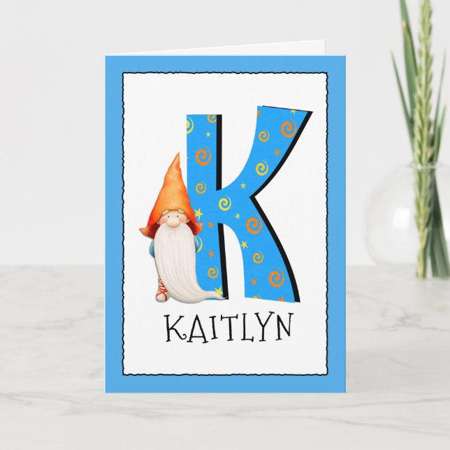 Gnome Kids Letter K Name and Age Birthday Greeting Card (Front)