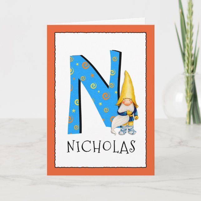 Gnome Kids Letter N Name and Age Birthday Greeting Card (Front)