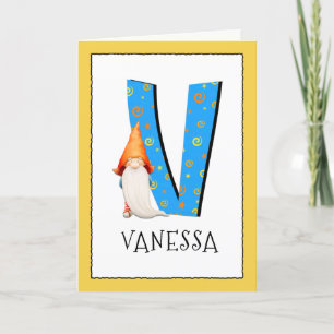 Gnome Kids Letter V Name and Age Birthday Greeting Card