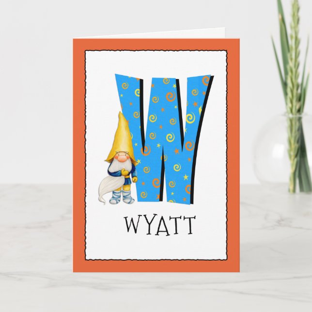 Gnome Kids Letter W Name and Age Birthday Greeting Card (Front)
