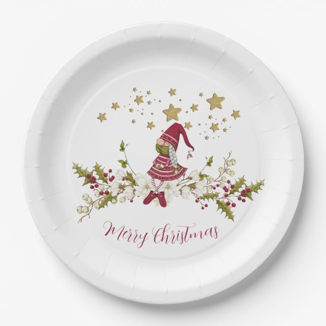 Gnome Nordic Red Green Gold Stars    Paper Plate (Front)