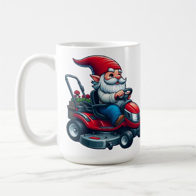 Gnome on Riding Lawn Mower with Flower Basket Coffee Mug (Left)
