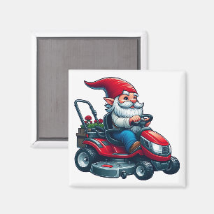 Gnome on Riding Lawn Mower with Flower Basket Magnet