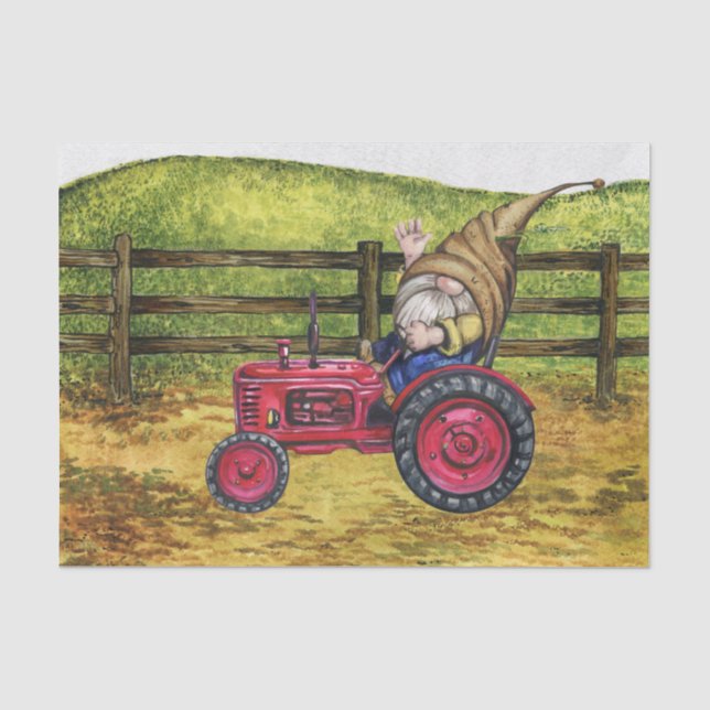 Gnome on Tractor Farm Country Landscape Tissue Paper (Front)