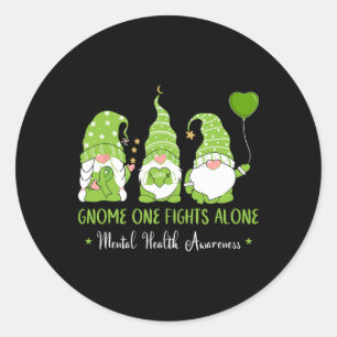 Gnome One Fights Alone Green Ribbon Mental Health Classic Round Sticker