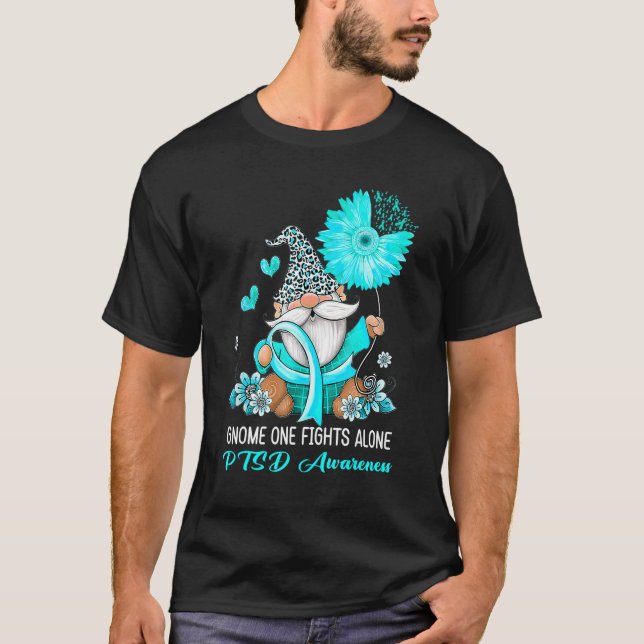 Gnome One Fights Alone Ribbon Ptsd Awareness T-Shirt (Front)
