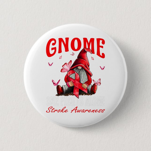 Gnome One Fights Alone Stroke Awareness Red Ribbon 2 Inch Round Button (Front)