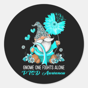 Gnome One Fights Alone Teal Ribbon Warrior Ptsd Aw Classic Round Sticker