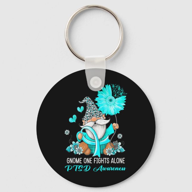 Gnome One Fights Alone Teal Ribbon Warrior Ptsd Aw Keychain (Front)