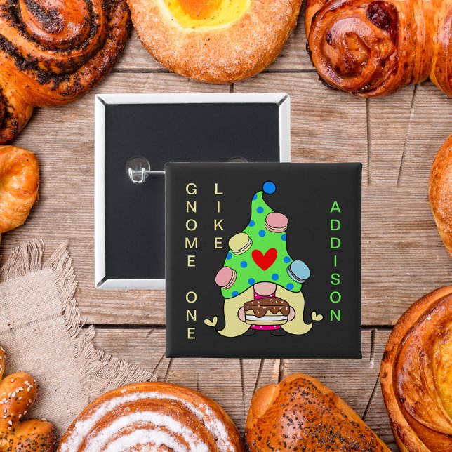 Gnome One Like Your Name Cookies Hat Cake Heart  2 Inch Square Button (Gnome One Like Your Name Cookies Hat Cake Heart Button)
