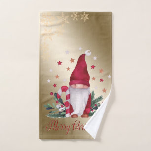 Gnome,Pine Tree Branches,Snowflakes,Gold Christmas Bath Towel Set
