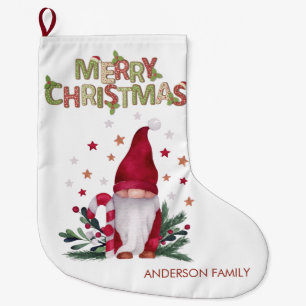 Gnome Pine Tree Branches  Stars Merry Christmas Large Christmas Stocking