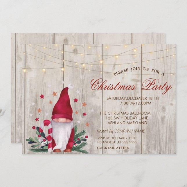 Gnome Pine Tree Branches Wood Christmas Party Invitation (Front/Back)