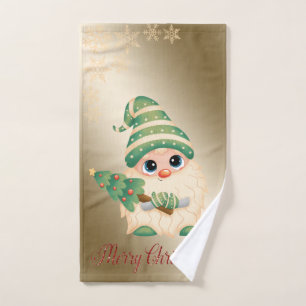 Gnome,Pine Tree, Snowflakes,Gold Christmas Bath Towel Set