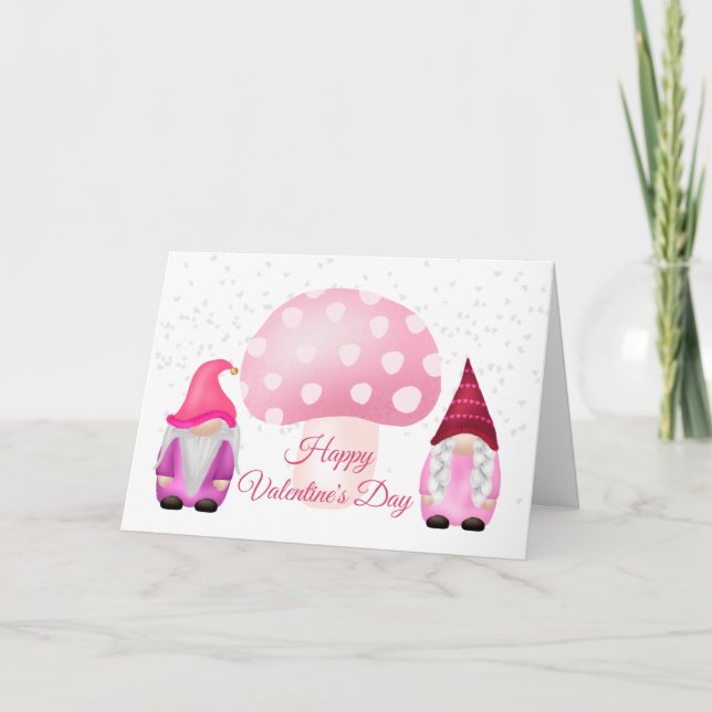 Gnome Pink Mushroom Valentine Holiday Card (Front)