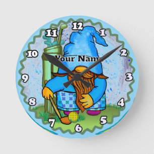 Gnome playing golf round clock