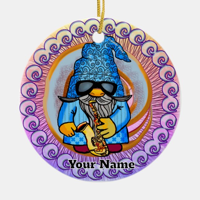 gnome playing saxophone ceramic ornament (Front)