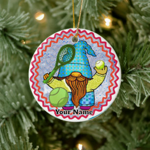Gnome Playing Tennis Ceramic Ornament