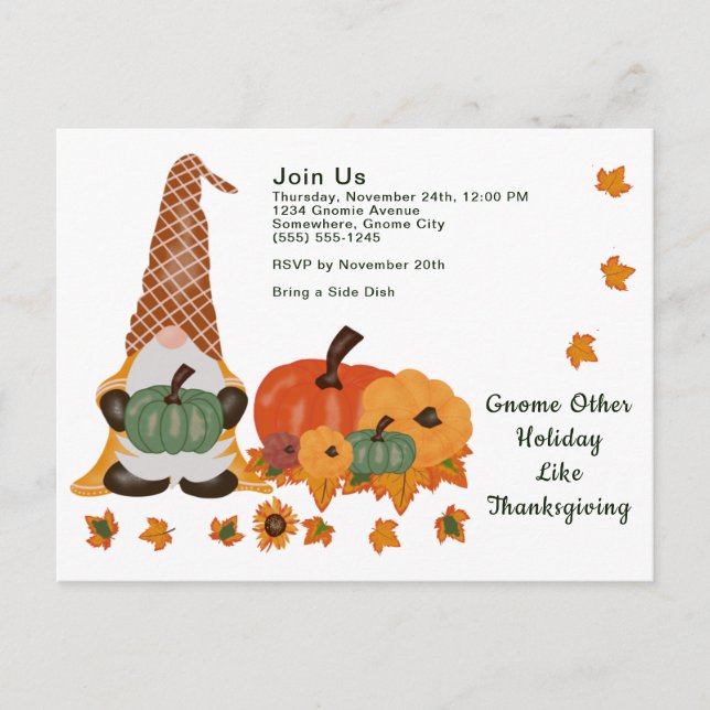 Gnome Pumpkins Leaves Thanksgiving Day Postcard (Front)