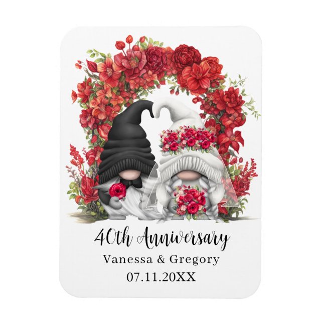 Gnome Red Floral Arch 40th Wedding Anniversary Magnet (Vertical)