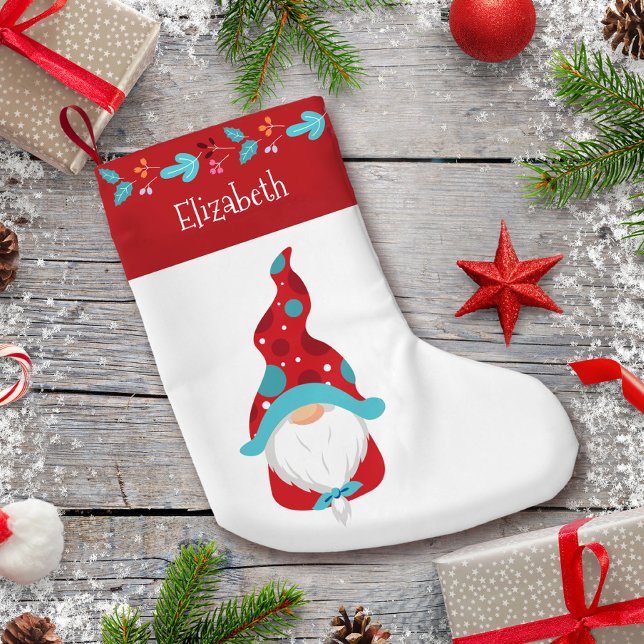 Gnome Red Modern Leaf Border Holiday Name Cute Small Christmas Stocking (Creator Uploaded)