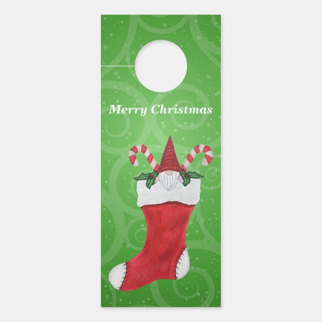 Gnome Red Tall Hat in Christmas Stocking Green Door Hanger (Front)