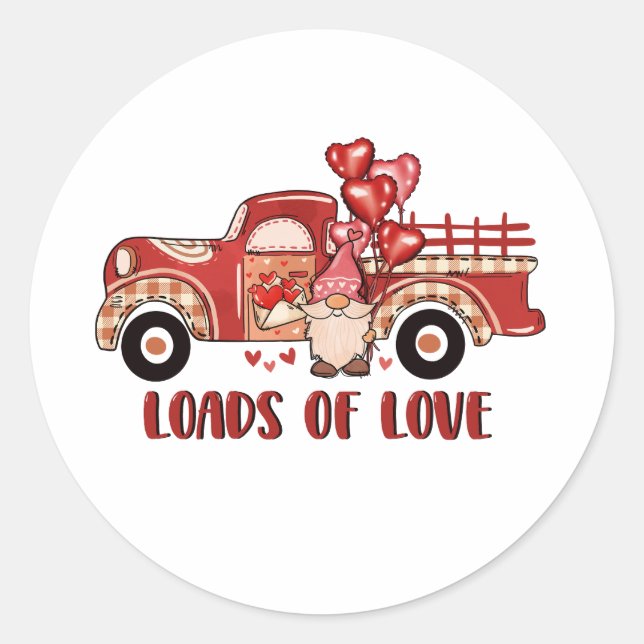 Gnome Red Truck Loads Of Love Valentine's Classic Round Sticker (Front)