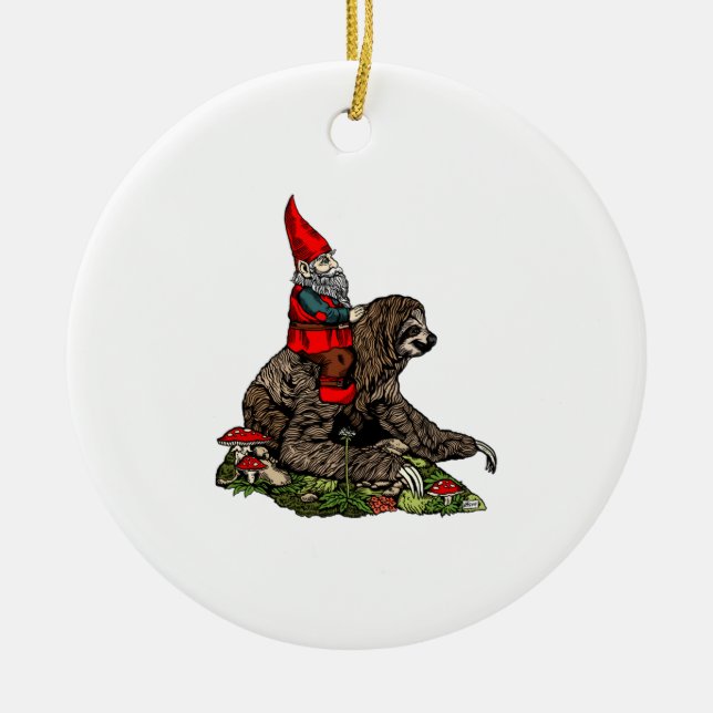 Gnome Riding a Sloth   Ceramic Ornament (Front)