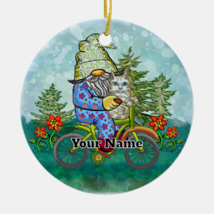 Gnome Riding Bike Ceramic Ornament
