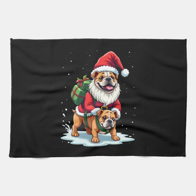 Gnome Riding English Bulldog Christmas Xmas Boys G Kitchen Towel (Horizontal)