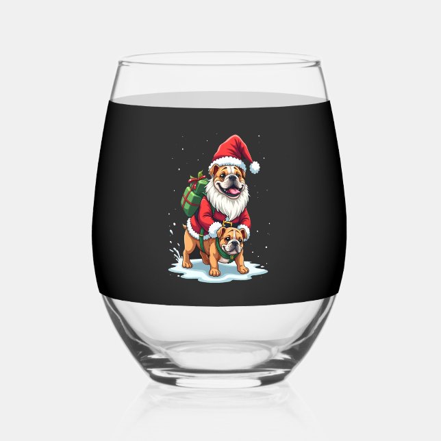 Gnome Riding English Bulldog Christmas Xmas Boys G Stemless Wine Glass (Front)