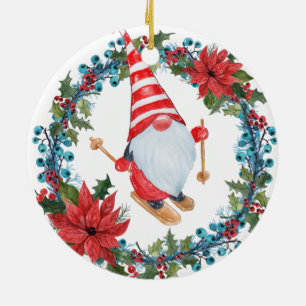 Gnome Ski de Noël, avec ornement de couronne