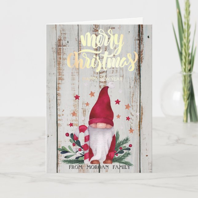 Gnome,Stars Pine Tree Branches Merry Christmas Holiday Card (Front)