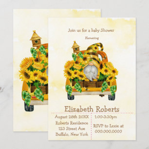 Gnome Sunflower Bees Baby Shower Invitations