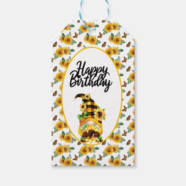 Gnome Sunflower Birthday Gift Tags (Front)