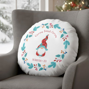 Gnome Sweet Gnome Cute Modern Elf Floral Wreath Round Pillow