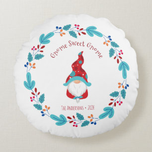 Gnome Sweet Gnome Cute Modern Elf Floral Wreath Round Pillow