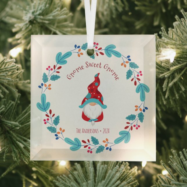Gnome Sweet Gnome Elf Floral Wreath Whimsical Fun  Glass Ornament (Insitu)