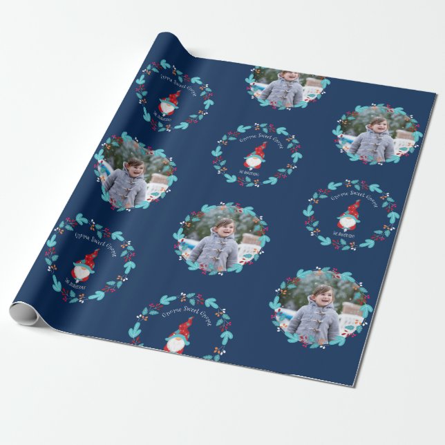 Gnome Sweet Gnome Floral Wreath Custom Photo Blue Wrapping Paper (Unrolled)